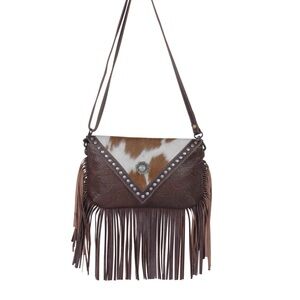Myra Bag Brown and White Shoulder Bag with Fringe